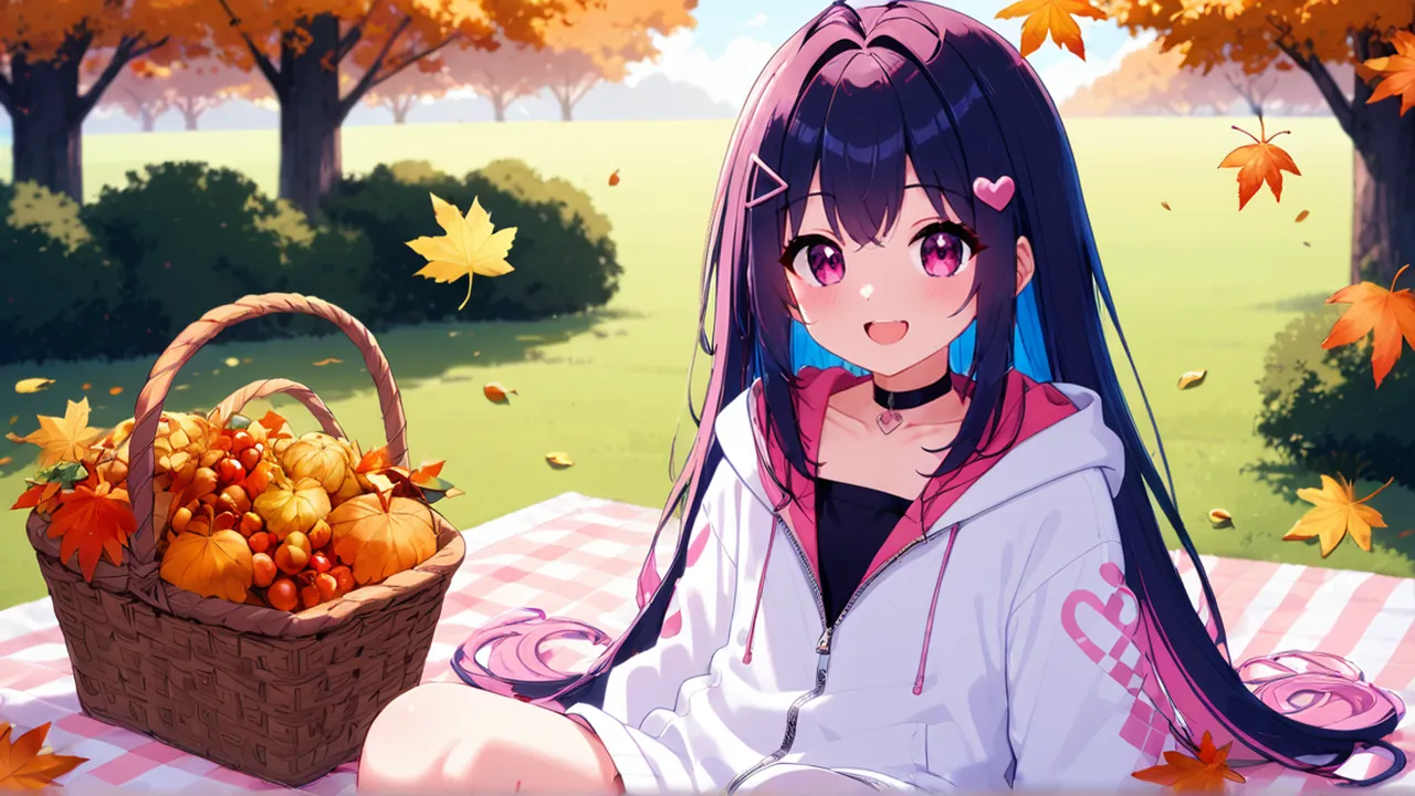 秋の公園でピクニックかごとチェック柄の敷物を案内するVTuber活動ナビの案内役
