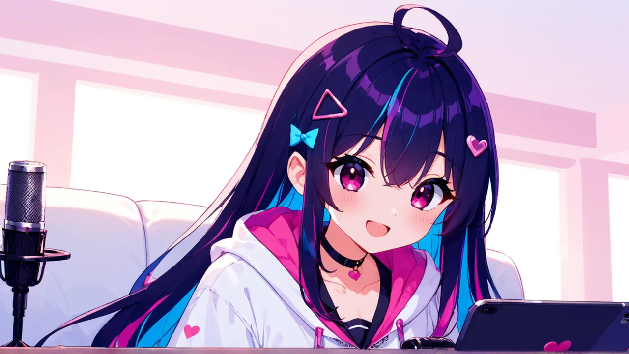 マイクとタブレットのそばに座るVTuber活動ナビの案内役。参加する行動を整理するイメージ