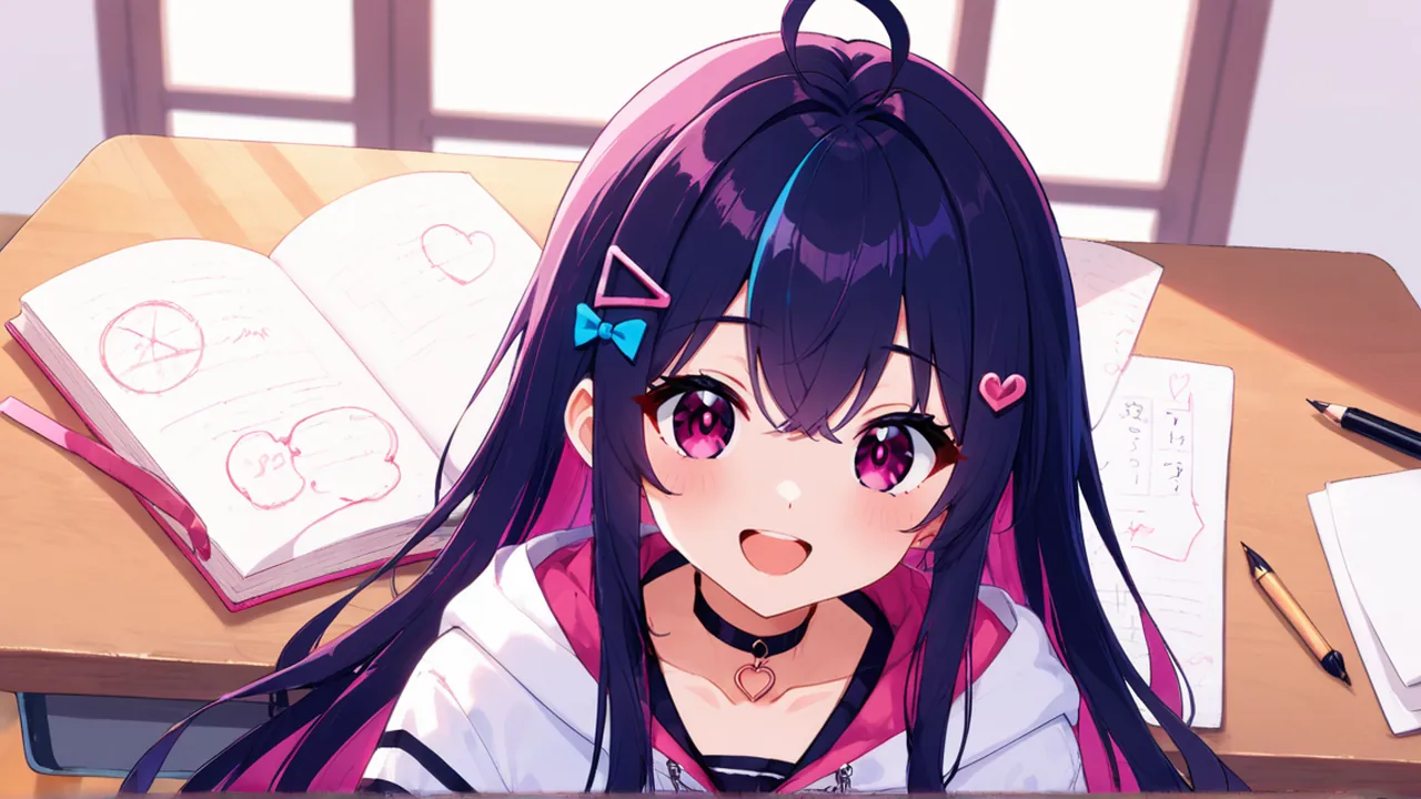 参加条件を書き出すノートと筆記具を案内するVTuber活動ナビの案内役